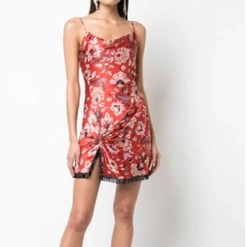 Cinq A Sept Avalyn Beaded Fringe Floral Print Charmeuse Minidress in Red Multi